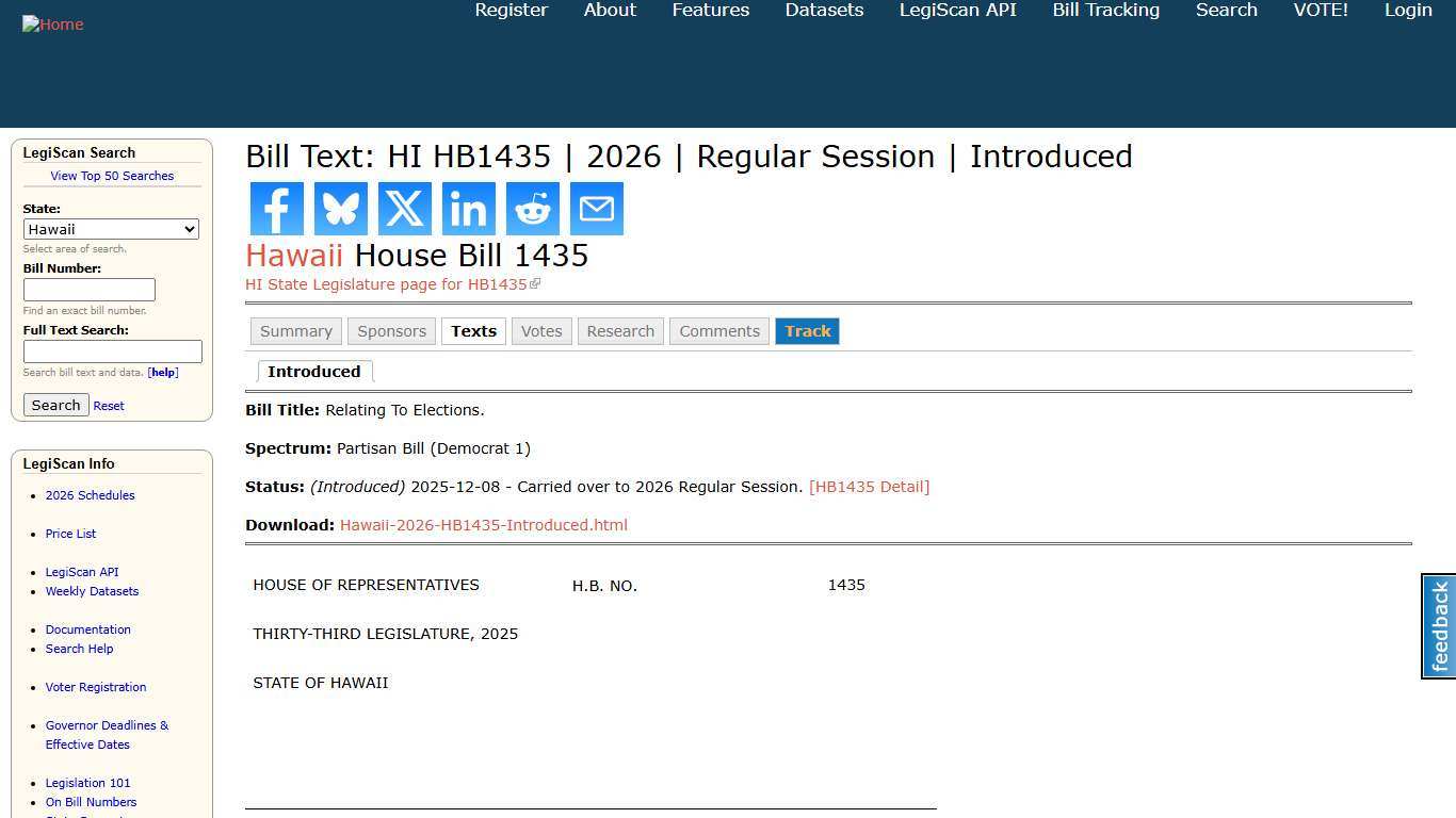 Bill Text: HI HB1435 | 2026 | Regular Session | Introduced | LegiScan