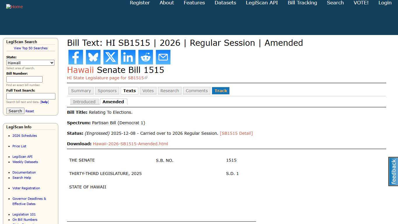 Bill Text: HI SB1515 | 2026 | Regular Session | Amended | LegiScan