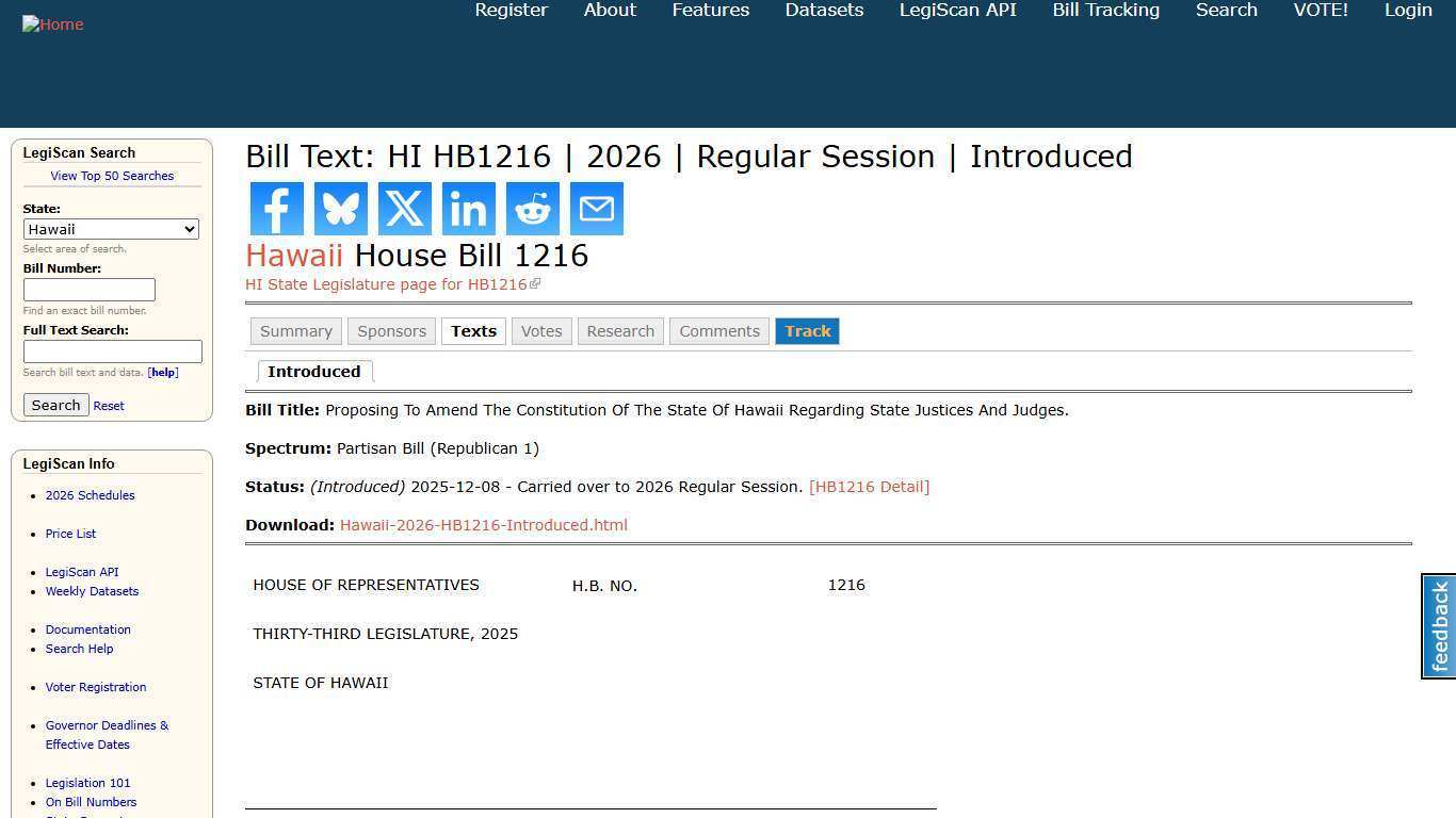 Bill Text: HI HB1216 | 2026 | Regular Session | Introduced | LegiScan