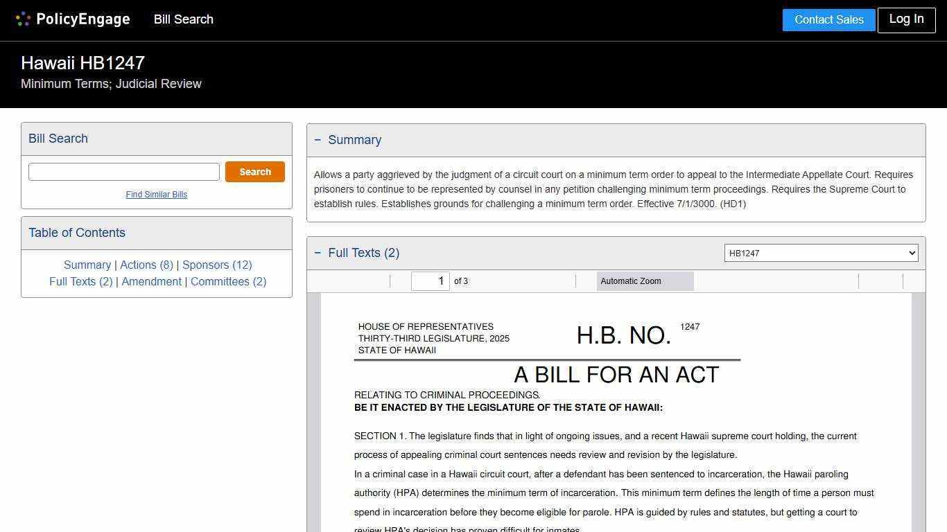 HB1247 | Hawaii 2026 | Minimum Terms; Judicial Review - Legislative Tracking | PolicyEngage